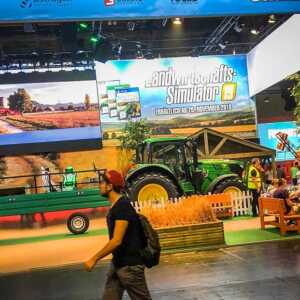 The Farming Simulator 19 booth in Hall 8 of GamesCom was full of visitors.