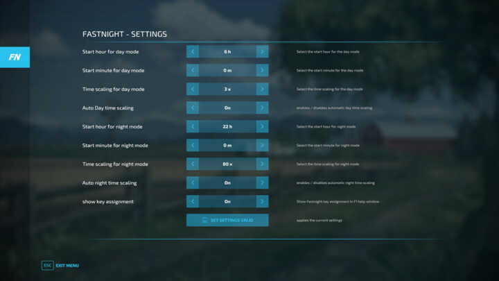 menu fastnight fs22