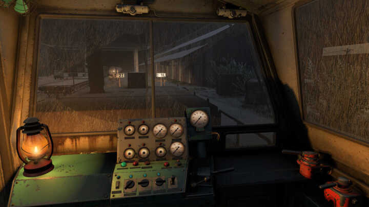 Derail Valley Simulator Screenshot Train Cab DE2 Interior Controls Night Rain Windshield Lamp Lantern