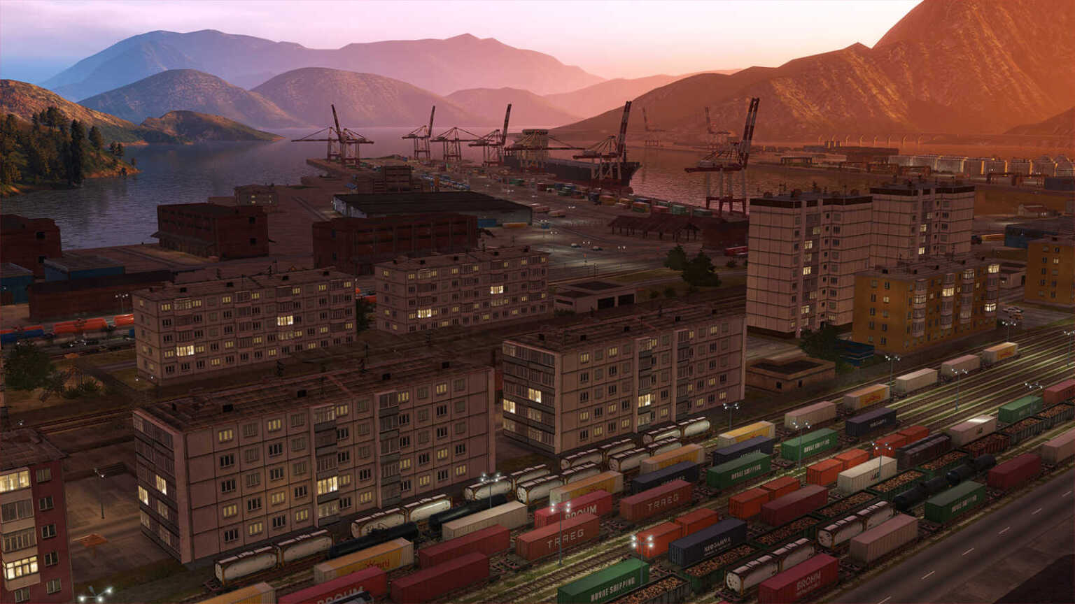 Derail Valley Simulator Screenshot Train Cars Harbor Port City Buildings Sunset Sunrise Lighting