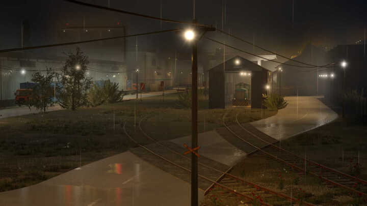 Derail Valley Simulator Screenshot Train City DM3 Night Rain Service Depot Lights