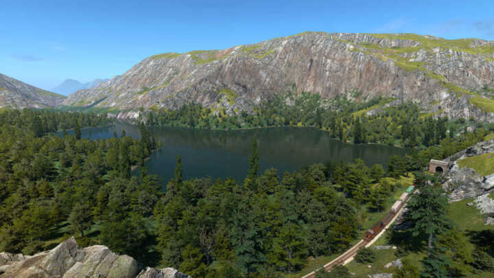 Derail Valley Simulator Screenshot Train DE6 Nature Lake Forest Sunny View Landscape Water Mountain
