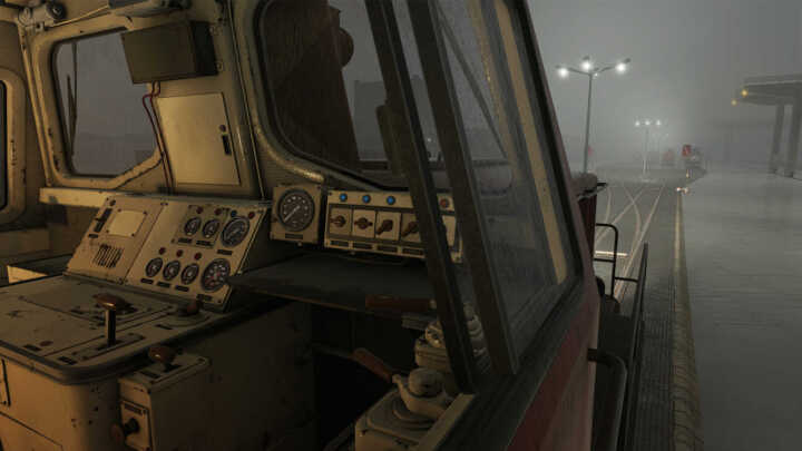 Derail Valley Simulator Screenshot Train Harbor DH4 Rain Fog Interior Controls