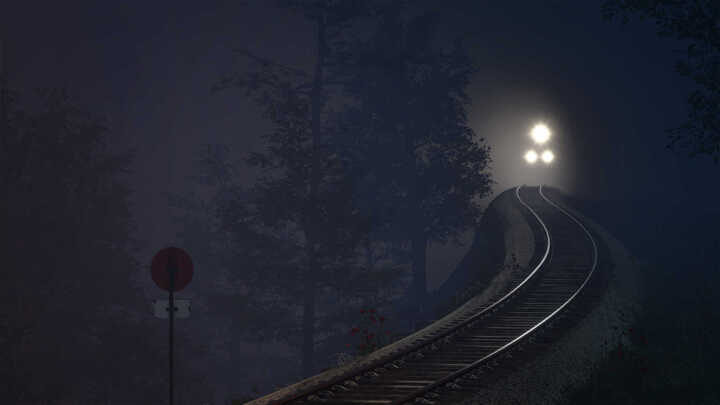 Derail Valley Simulator Screenshot Train Night Headlights Fog Forest