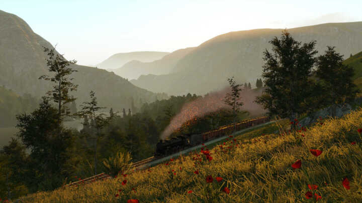 Derail Valley Simulator Screenshot Train Steam S282 Smoke Embers Nature Gondola Scrap Evening